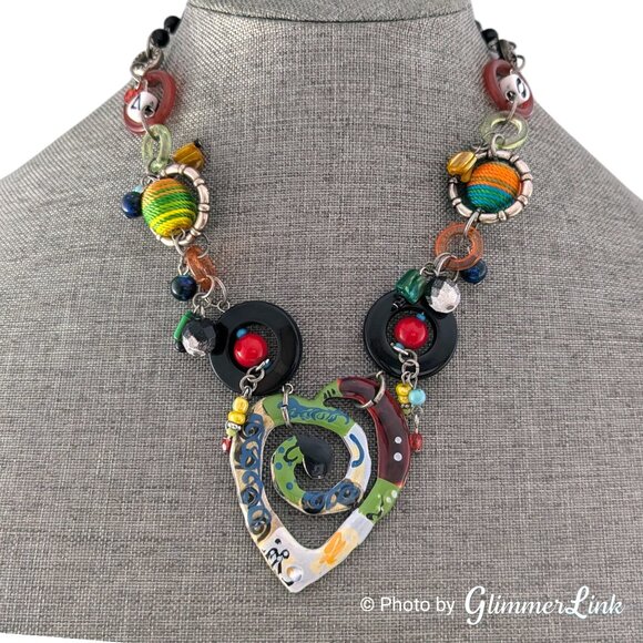 Colorful Mixed Media Heart Pendant Statement Necklace Boho Artsy - Picture 1 of 12
